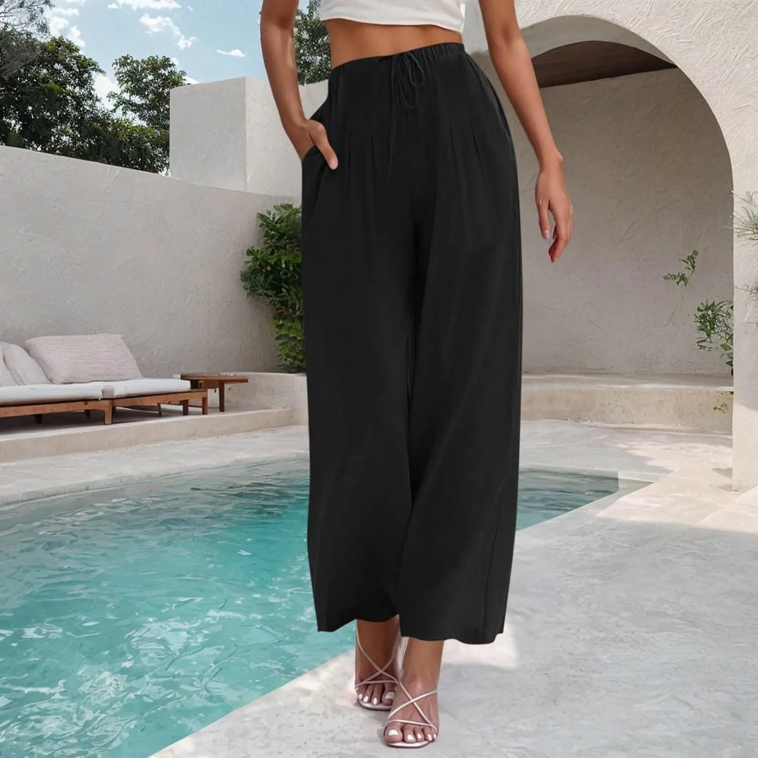 Womens Cotton Linen Palazzo Pants Drawstring Elastic Waist Casual Wide Leg Trousers Pocket Summer Vacation Beach Pant