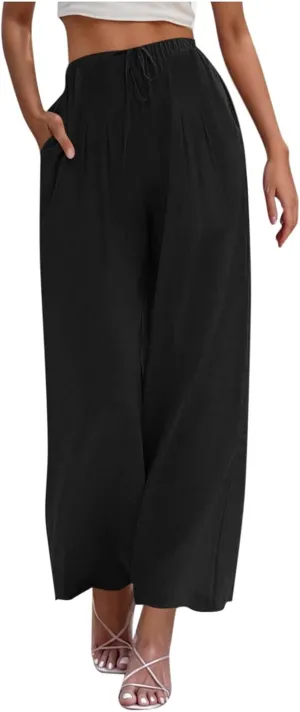 Womens Cotton Linen Palazzo Pants Drawstring Elastic Waist Casual Wide Leg Trousers Pocket Summer Vacation Beach Pant