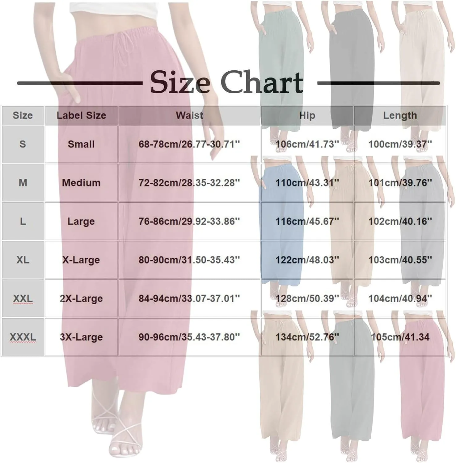 Womens Cotton Linen Palazzo Pants Drawstring Elastic Waist Casual Wide Leg Trousers Pocket Summer Vacation Beach Pant