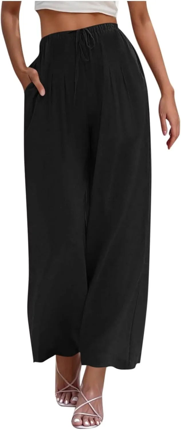 Womens Cotton Linen Palazzo Pants Drawstring Elastic Waist Casual Wide Leg Trousers Pocket Summer Vacation Beach Pant