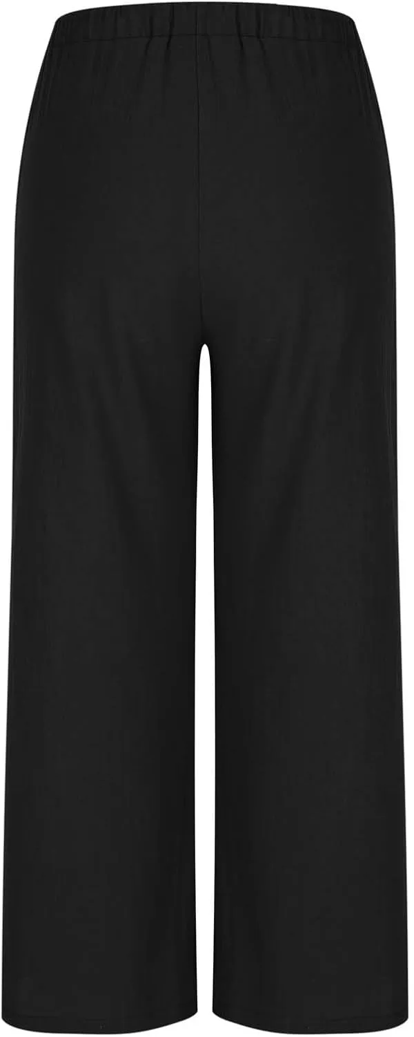 Womens Cotton Linen Palazzo Pants Drawstring Elastic Waist Casual Wide Leg Trousers Pocket Summer Vacation Beach Pant