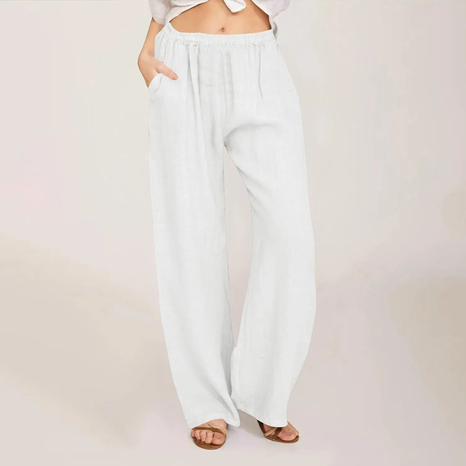 Women's Cotton Linen Pants 2025 Summer Casual Straight Leg Trousers Wide Leg Loose Fit Long Pants with Pockets