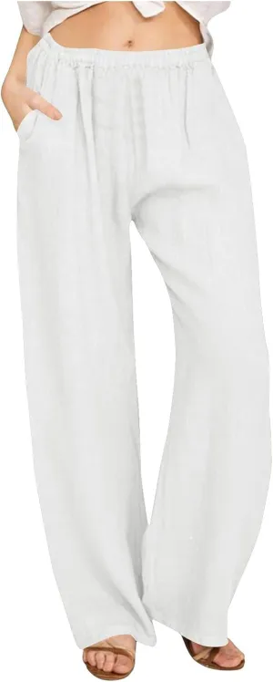 Women's Cotton Linen Pants 2025 Summer Casual Straight Leg Trousers Wide Leg Loose Fit Long Pants with Pockets