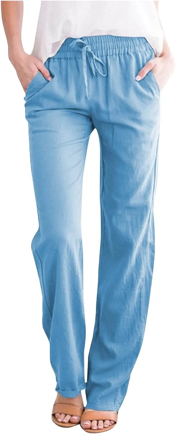 Women's Cotton Linen Pants Summer 2025 - Breathable Wide Leg Trousers with Elastic Waist, Lightweight Casual Comfort Slimming Palazzo Pants
