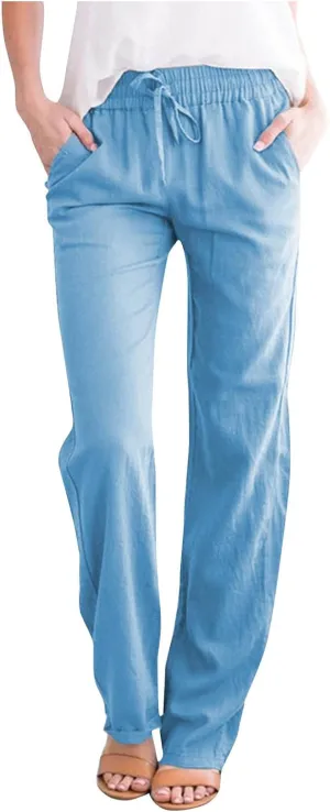 Women's Cotton Linen Pants Summer 2025 - Breathable Wide Leg Trousers with Elastic Waist, Lightweight Casual Comfort Slimming Palazzo Pants