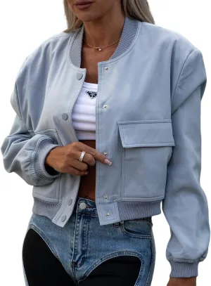 Womens Cropped Jackets Long Sleeve Button Down Stand Collar Trendy Casual Solid Color Coats with Pockets