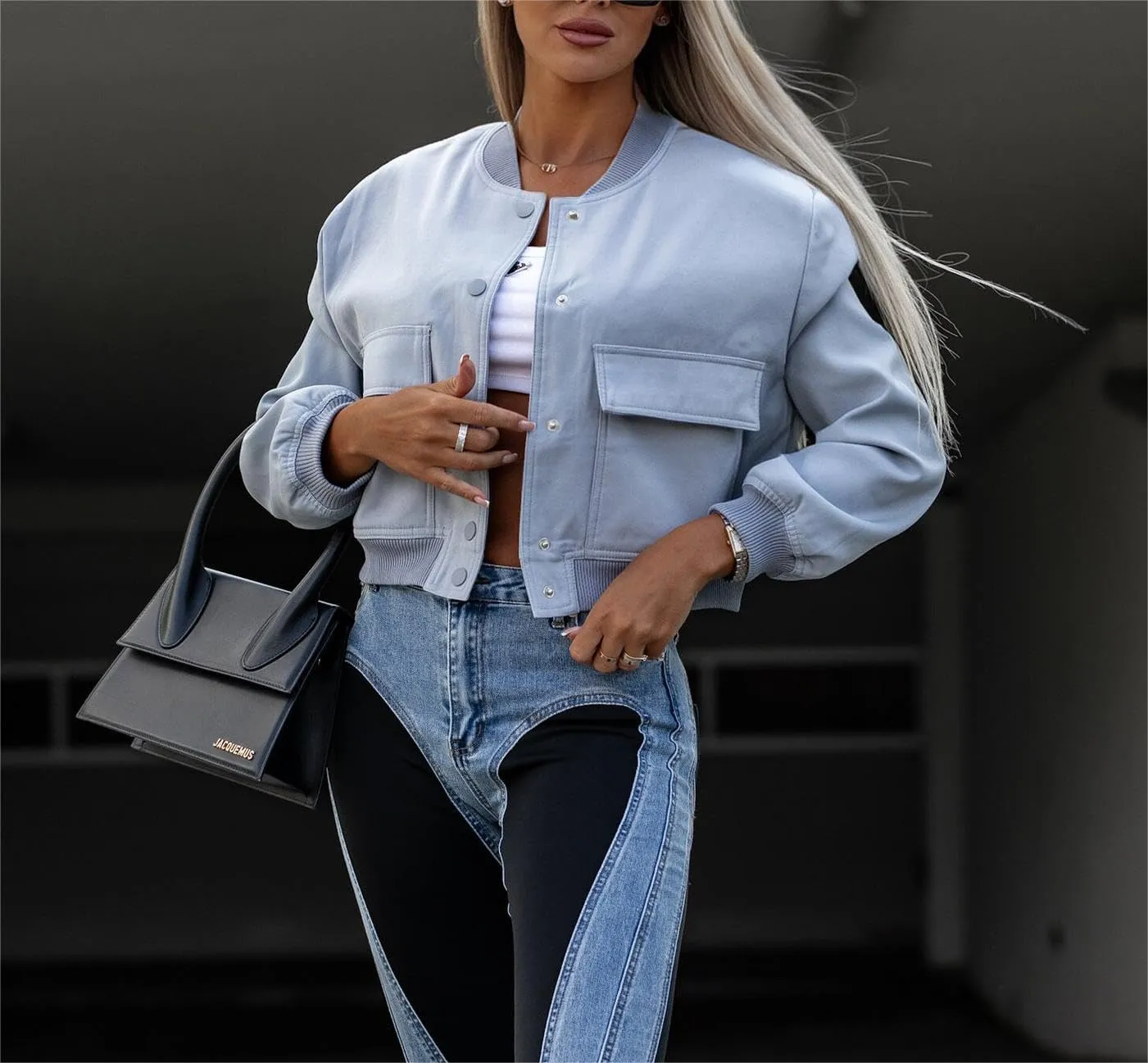 Womens Cropped Jackets Long Sleeve Button Down Stand Collar Trendy Casual Solid Color Coats with Pockets