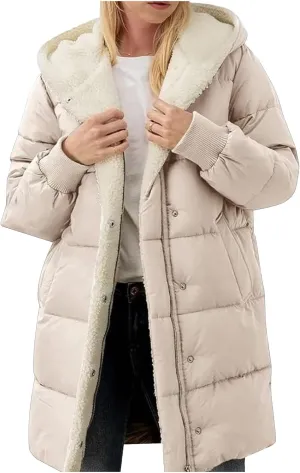 Women's Fleece Lined WInter Warm Coats Thick Padded Button Down Hooded Cotton Jackets with Pockets Outdoor Outerwear