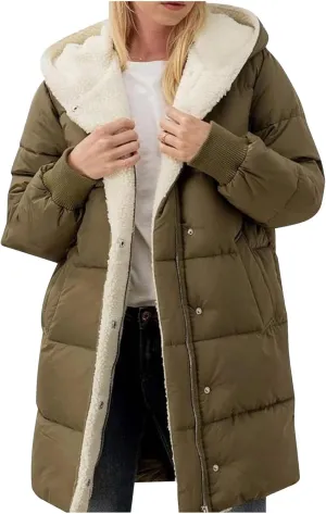 Women's Fleece Lined WInter Warm Coats Thick Padded Button Down Hooded Cotton Jackets with Pockets Outdoor Outerwear