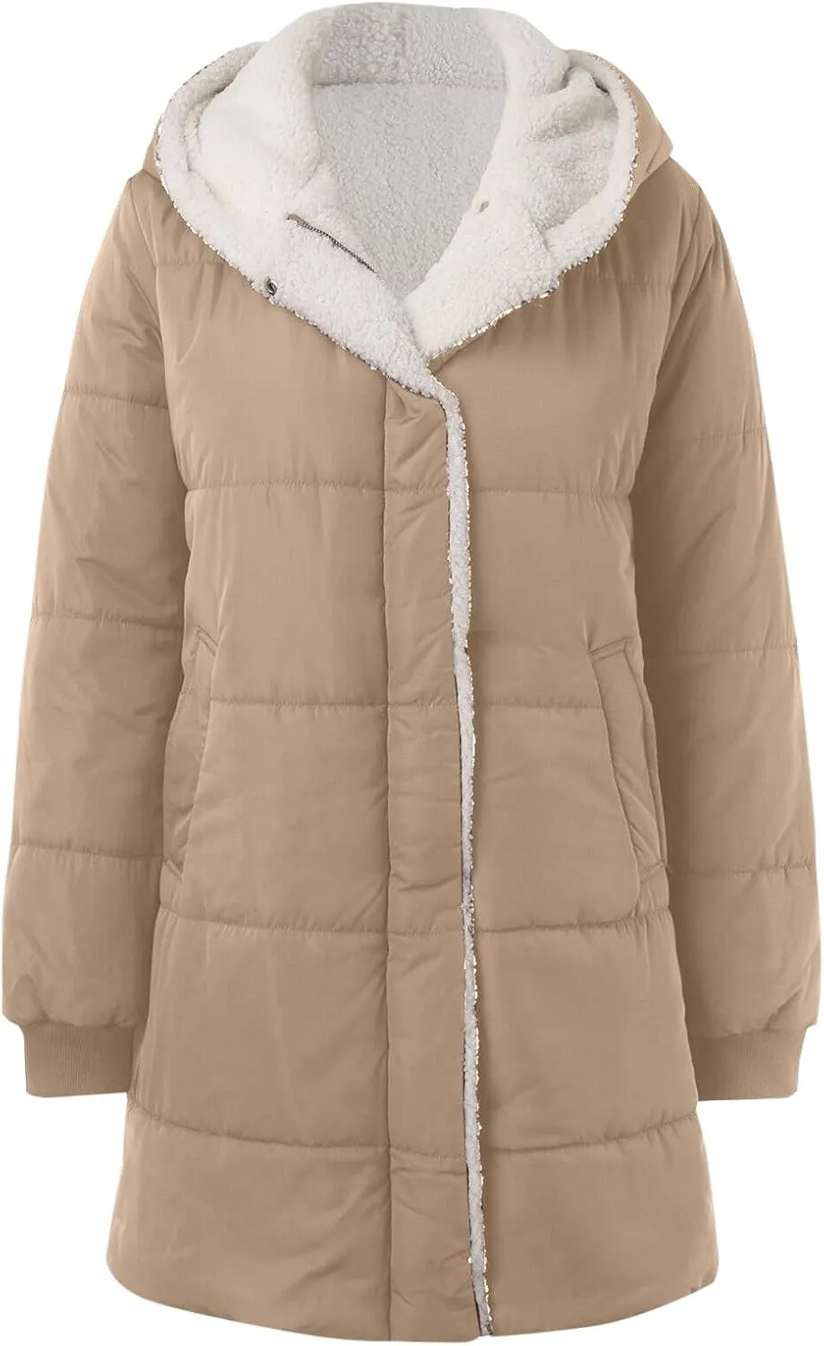 Women's Fleece Lined WInter Warm Coats Thick Padded Button Down Hooded Cotton Jackets with Pockets Outdoor Outerwear