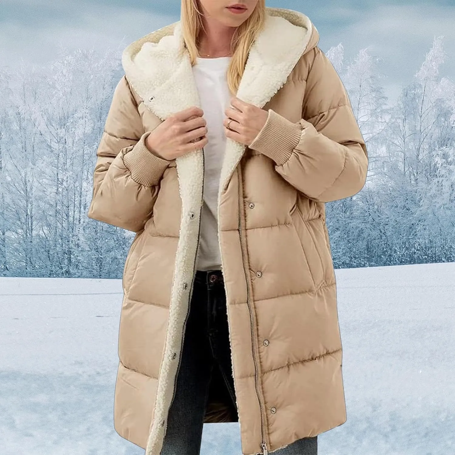 Women's Fleece Lined WInter Warm Coats Thick Padded Button Down Hooded Cotton Jackets with Pockets Outdoor Outerwear