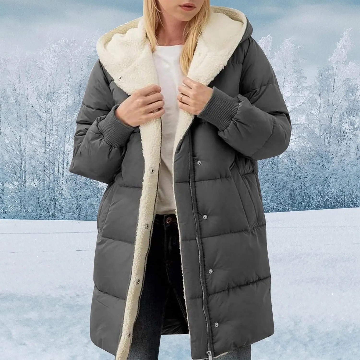 Women's Fleece Lined WInter Warm Coats Thick Padded Button Down Hooded Cotton Jackets with Pockets Outdoor Outerwear