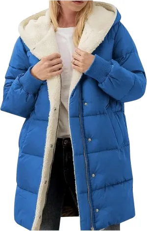 Women's Fleece Lined WInter Warm Coats Thick Padded Button Down Hooded Cotton Jackets with Pockets Outdoor Outerwear