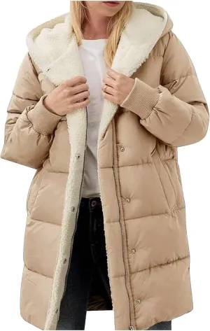 Women's Fleece Lined WInter Warm Coats Thick Padded Button Down Hooded Cotton Jackets with Pockets Outdoor Outerwear
