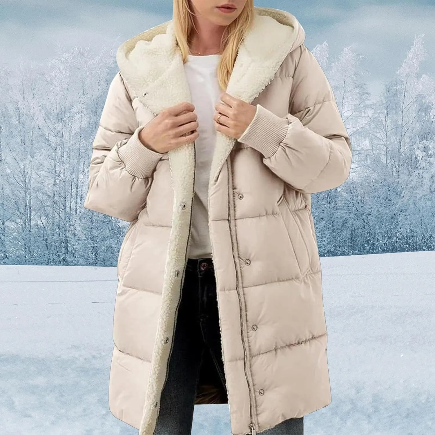 Women's Fleece Lined WInter Warm Coats Thick Padded Button Down Hooded Cotton Jackets with Pockets Outdoor Outerwear