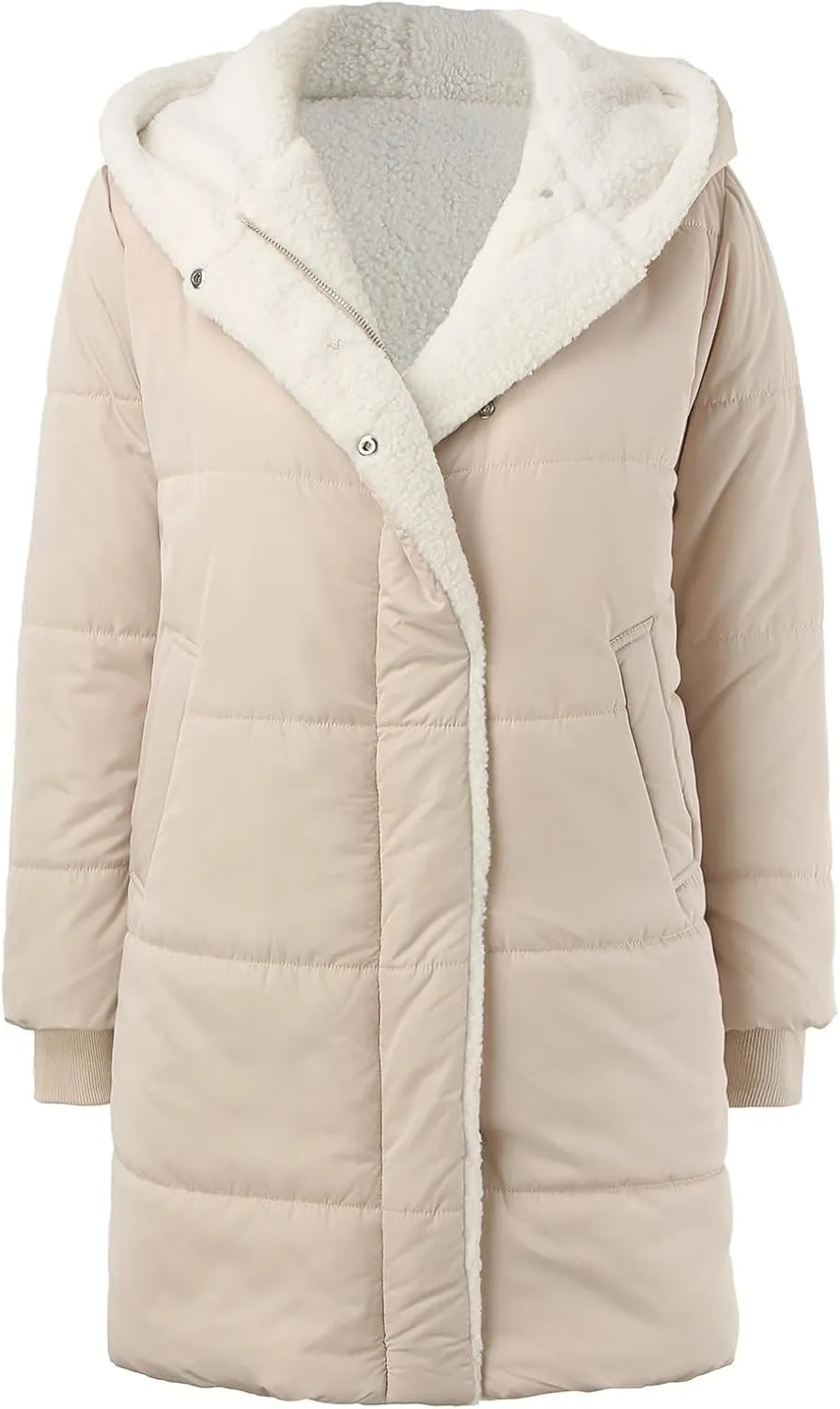 Women's Fleece Lined WInter Warm Coats Thick Padded Button Down Hooded Cotton Jackets with Pockets Outdoor Outerwear
