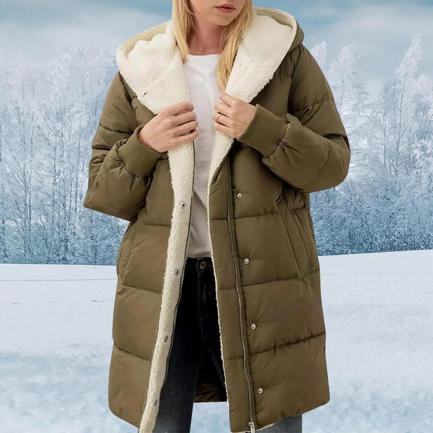 Women's Fleece Lined WInter Warm Coats Thick Padded Button Down Hooded Cotton Jackets with Pockets Outdoor Outerwear