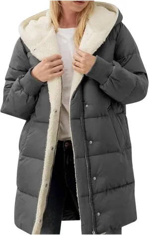 Women's Fleece Lined WInter Warm Coats Thick Padded Button Down Hooded Cotton Jackets with Pockets Outdoor Outerwear
