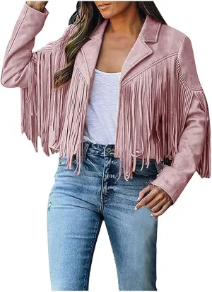 Women's Fringe Jacket Faux Suede Leather Jackets 2024 Fashion Tassel Motorcycle Cropped Coats Fall Outfits