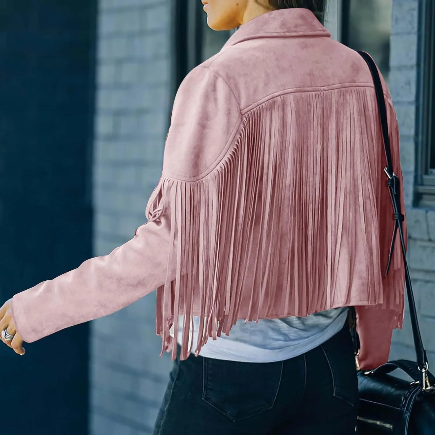 Women's Fringe Jacket Faux Suede Leather Jackets 2024 Fashion Tassel Motorcycle Cropped Coats Fall Outfits