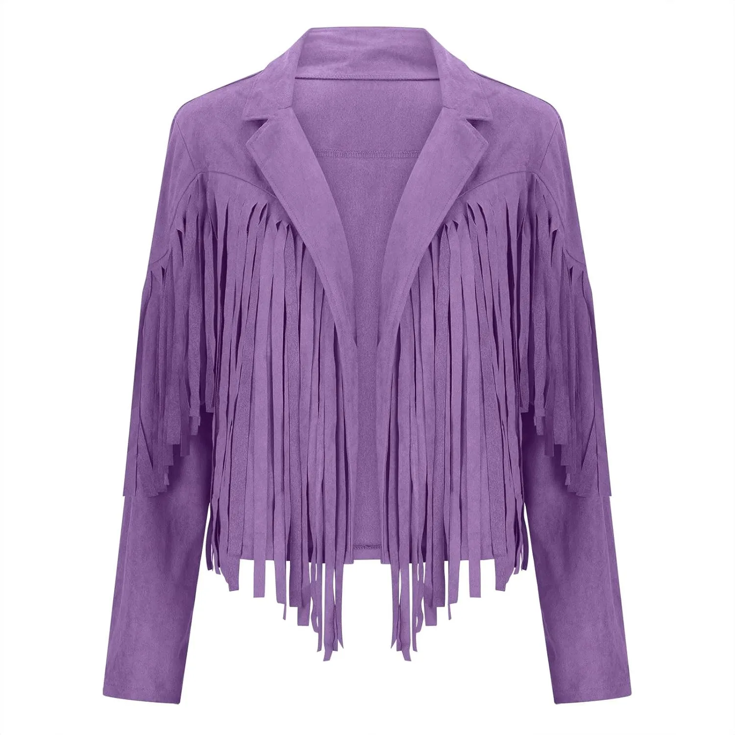 Womens Fringe Tassel Suede Jackets Fashion Crop Faux Leather Motorcycle Coats Vintage Long Sleeve Lapel Neck Cardigan
