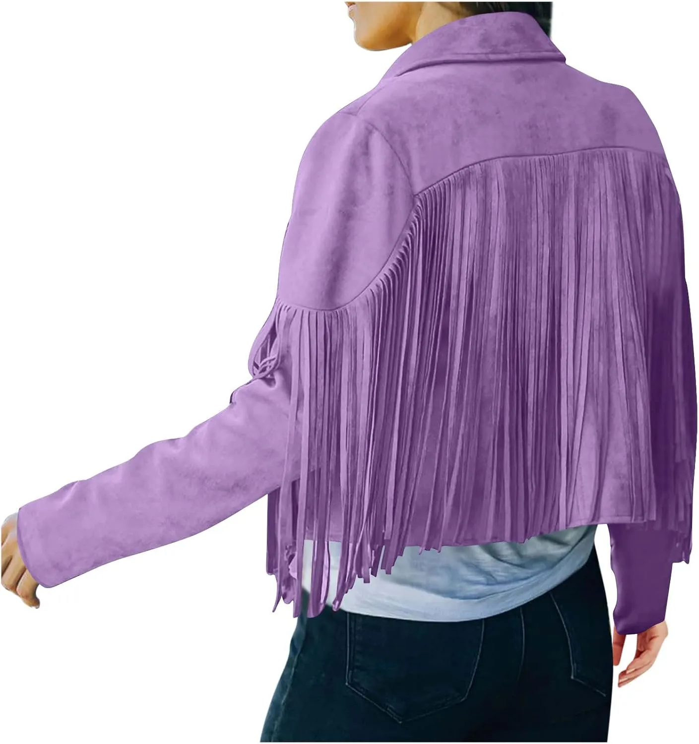 Womens Fringe Tassel Suede Jackets Fashion Crop Faux Leather Motorcycle Coats Vintage Long Sleeve Lapel Neck Cardigan