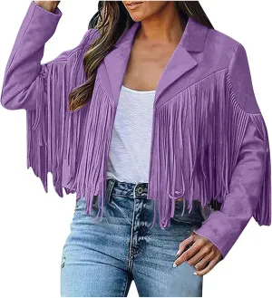 Womens Fringe Tassel Suede Jackets Fashion Crop Faux Leather Motorcycle Coats Vintage Long Sleeve Lapel Neck Cardigan