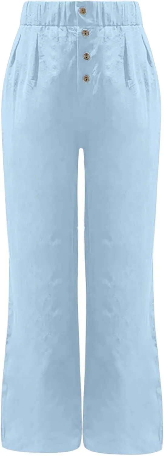 Women's High Waisted Linen Pants Casual Wide Leg Button Fly Palazzo Long Trousers Summer Beach Comfy Flowy Pants with Pockets