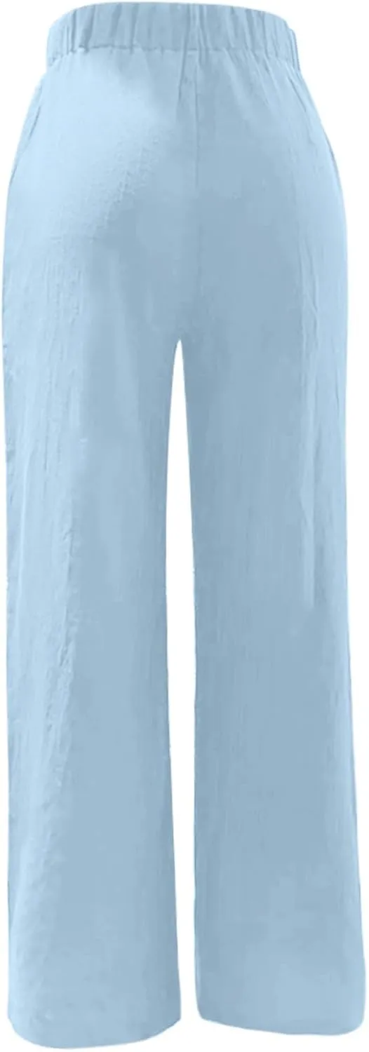 Women's High Waisted Linen Pants Casual Wide Leg Button Fly Palazzo Long Trousers Summer Beach Comfy Flowy Pants with Pockets