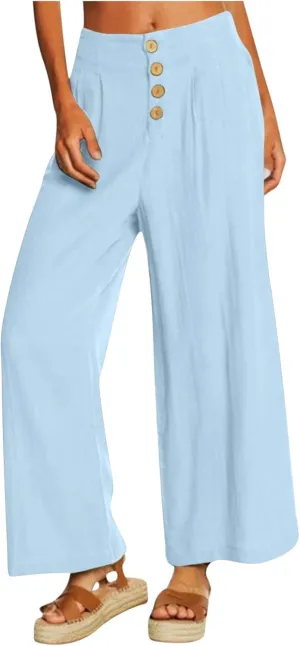 Women's High Waisted Linen Pants Casual Wide Leg Button Fly Palazzo Long Trousers Summer Beach Comfy Flowy Pants with Pockets