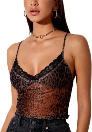 Womens Lace Crop Top Sexy V Neck Spaghetti Strap Tank Top Spliced Cami Sleeveless Patchwork V-Neck Camisole Shirt