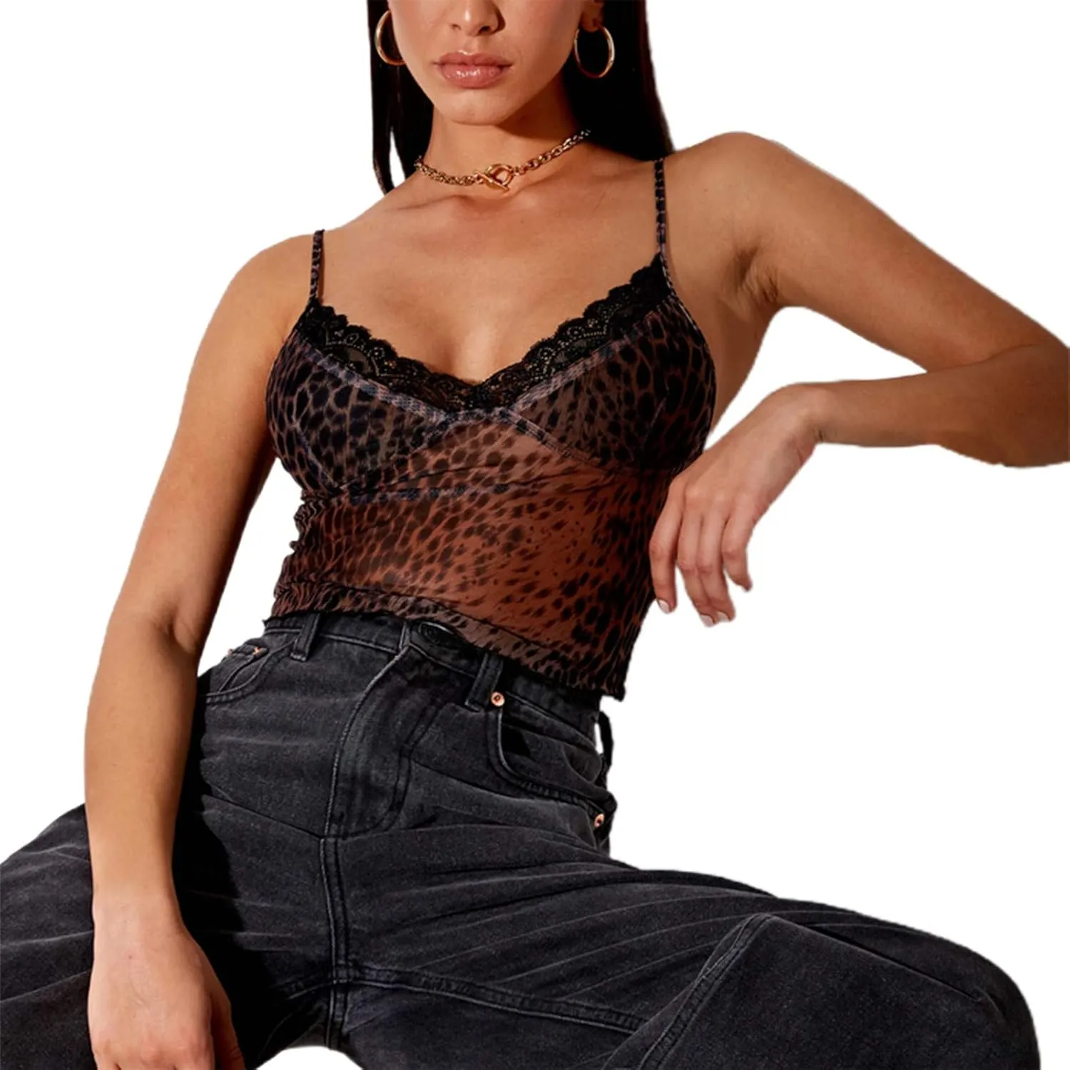 Womens Lace Crop Top Sexy V Neck Spaghetti Strap Tank Top Spliced Cami Sleeveless Patchwork V-Neck Camisole Shirt