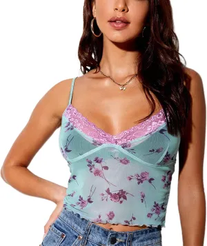 Womens Lace Crop Top Sexy V Neck Spaghetti Strap Tank Top Spliced Cami Sleeveless Patchwork V-Neck Camisole Shirt