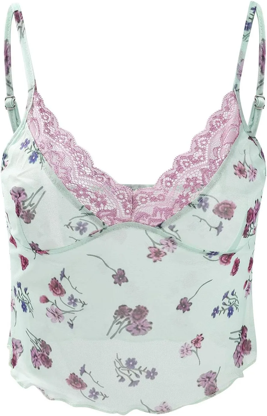 Womens Lace Crop Top Sexy V Neck Spaghetti Strap Tank Top Spliced Cami Sleeveless Patchwork V-Neck Camisole Shirt