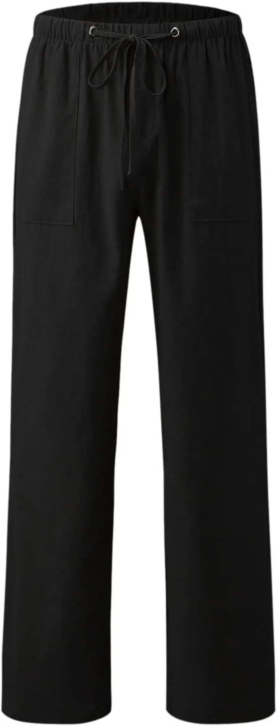 Womens Linen Pants 2025 Womens Casual Solid Color Loose Pockets Elastic Belt Waist Pants Long Trousers Harem Pants