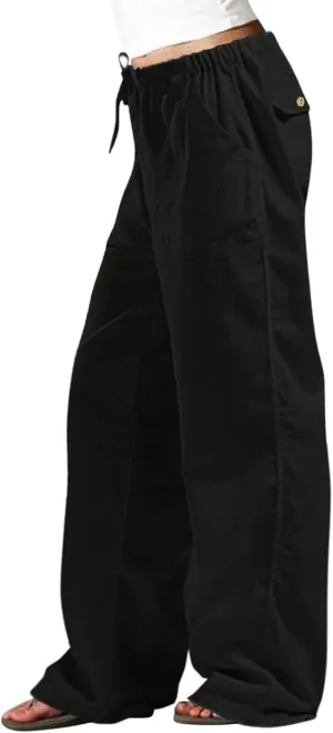 Womens Linen Pants 2025 Womens Casual Solid Color Loose Pockets Elastic Belt Waist Pants Long Trousers Harem Pants