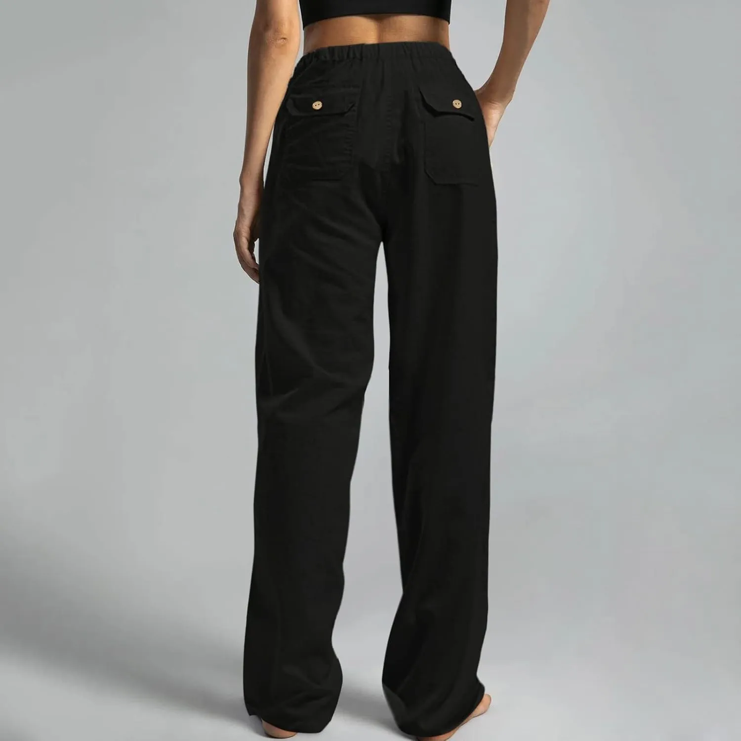 Womens Linen Pants 2025 Womens Casual Solid Color Loose Pockets Elastic Belt Waist Pants Long Trousers Harem Pants