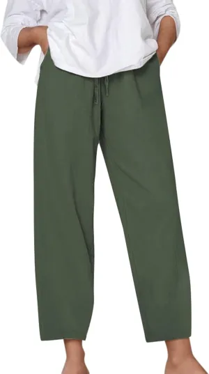 Women's Linen Pants Casual 2025 Solid Loose Drawstring Pants Elastic Waist Straight Leg Baggy Trousers with Pockets