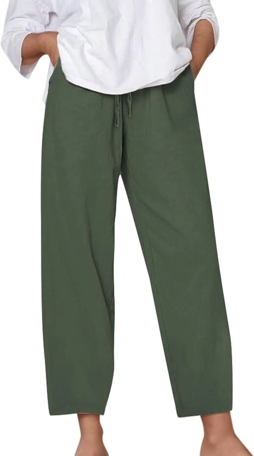 Women's Linen Pants Casual 2025 Solid Loose Drawstring Pants Elastic Waist Straight Leg Baggy Trousers with Pockets