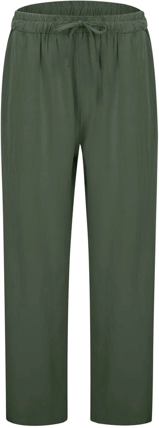 Women's Linen Pants Casual 2025 Solid Loose Drawstring Pants Elastic Waist Straight Leg Baggy Trousers with Pockets