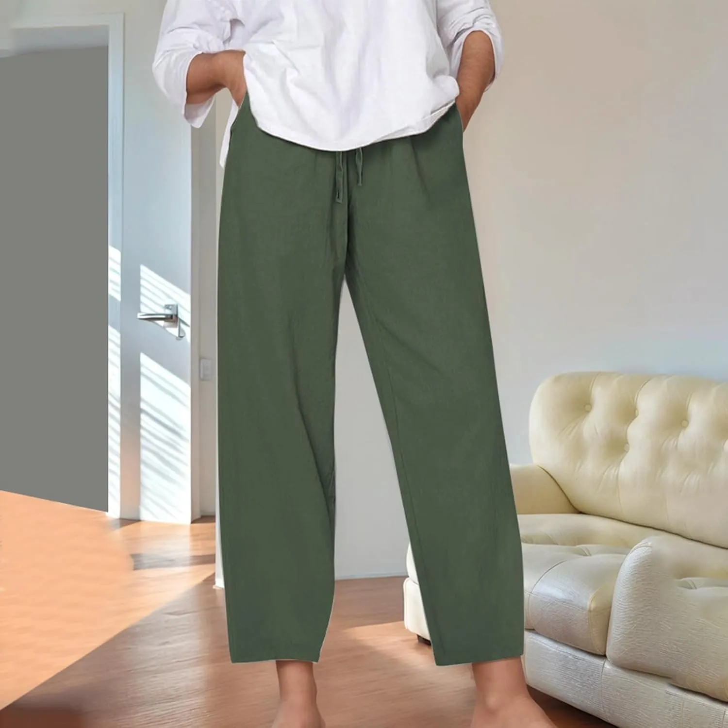 Women's Linen Pants Casual 2025 Solid Loose Drawstring Pants Elastic Waist Straight Leg Baggy Trousers with Pockets