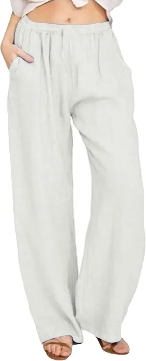 Womens Linen Pants Casual Beach Vacation Clothes Trendy Wide Leg Pants Woman Flowy Palazzo Trousers Pants