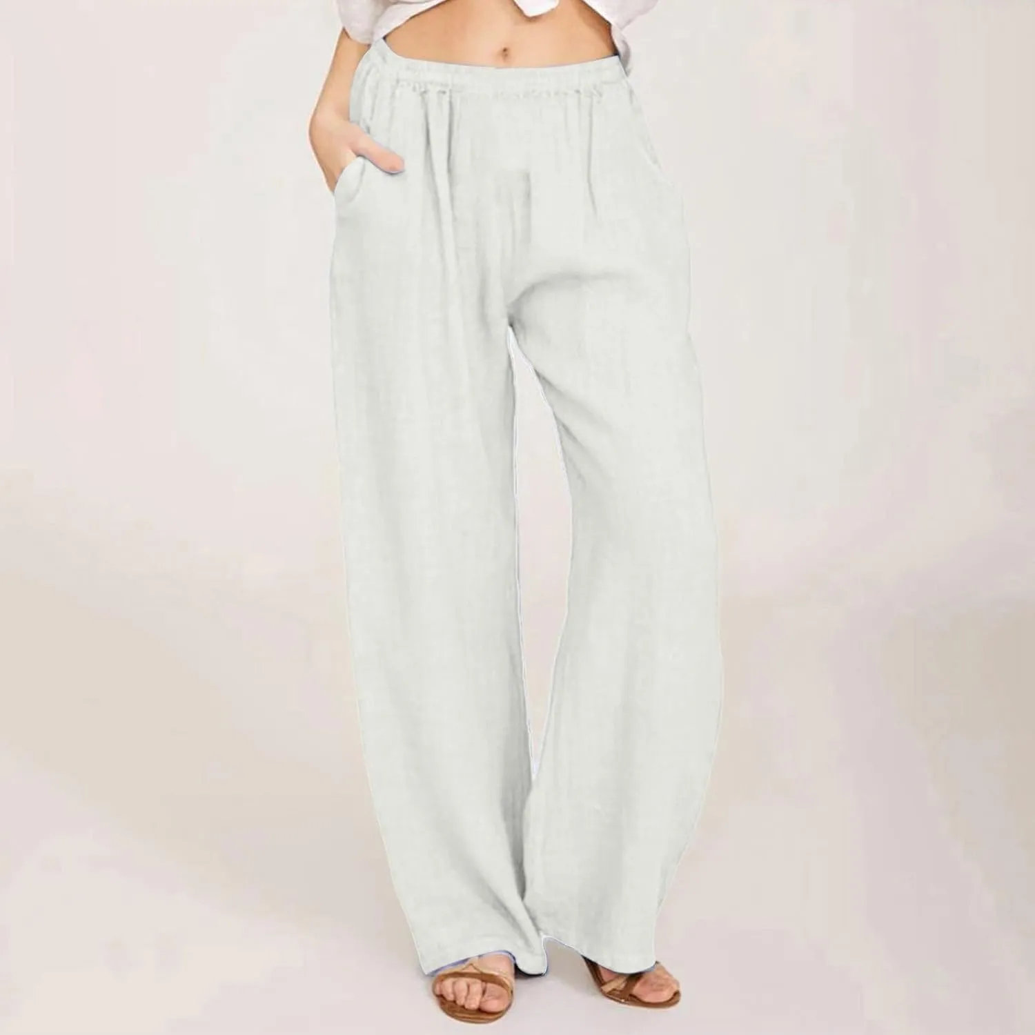Womens Linen Pants Casual Beach Vacation Clothes Trendy Wide Leg Pants Woman Flowy Palazzo Trousers Pants