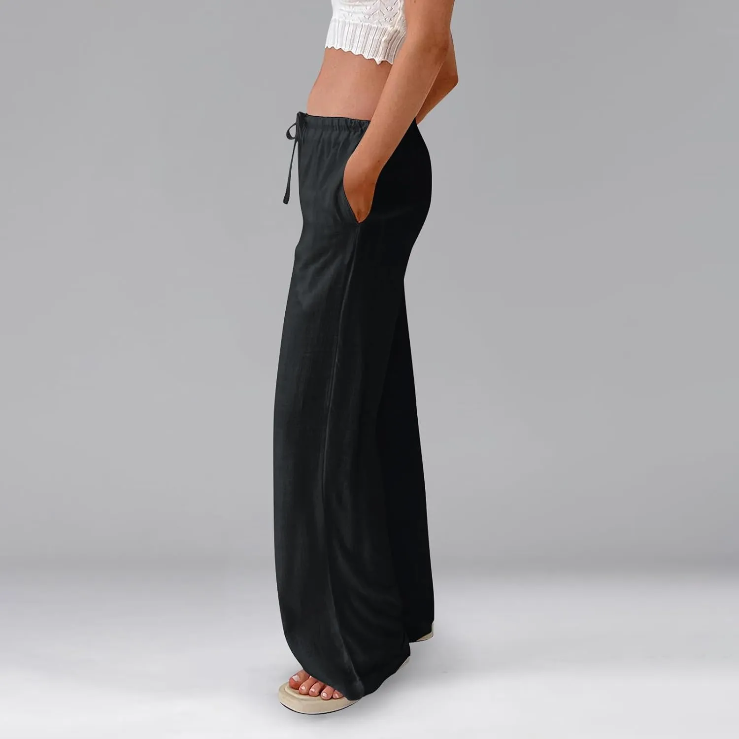 Womens Linen Pants Summer Drawstring Elastic Low Rise Wide Leg Pants Loose Flowy Vacation Trousers with Pockets