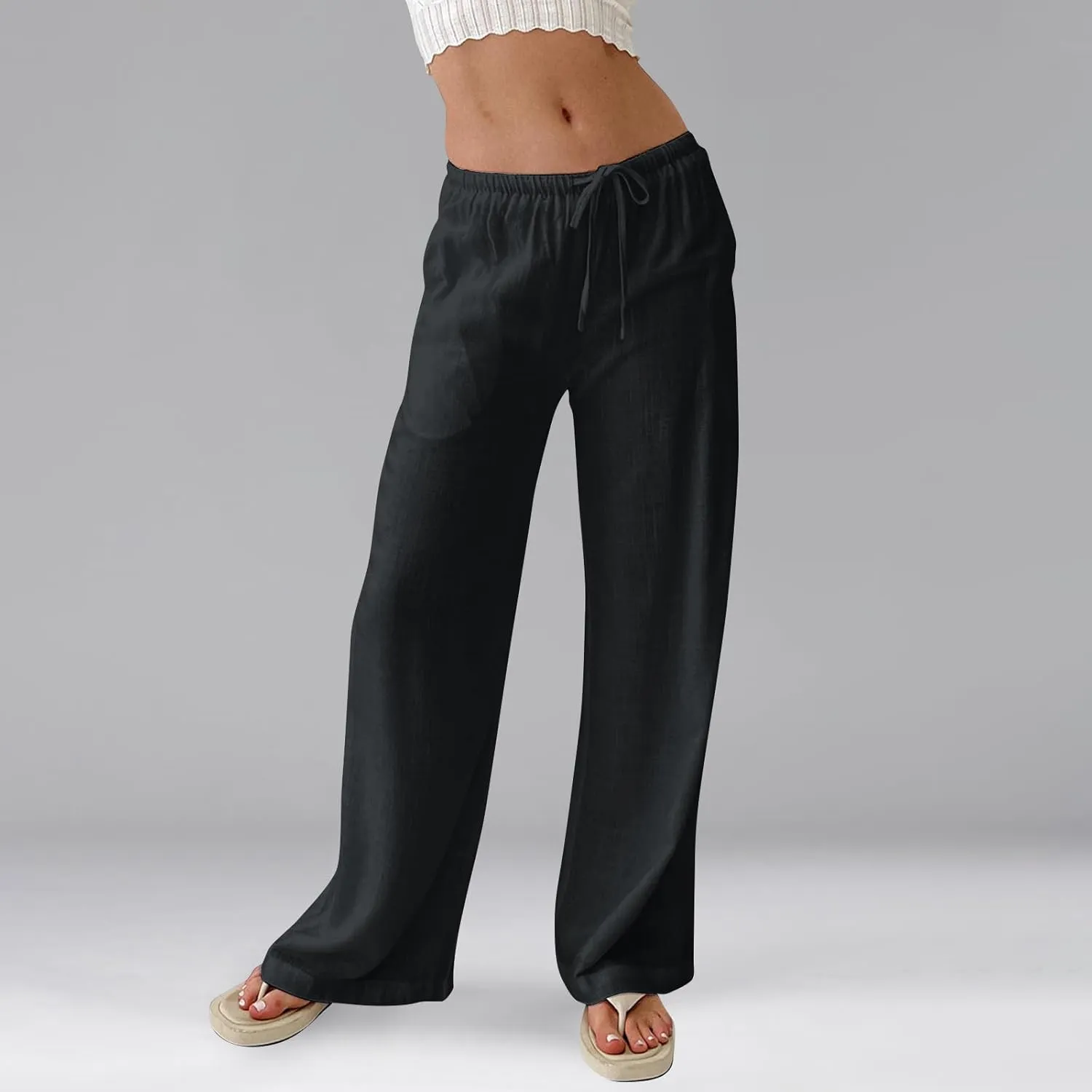 Womens Linen Pants Summer Drawstring Elastic Low Rise Wide Leg Pants Loose Flowy Vacation Trousers with Pockets