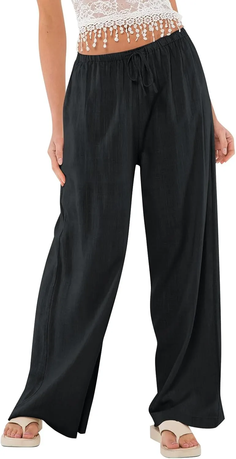 Womens Linen Pants Summer Drawstring Elastic Low Rise Wide Leg Pants Loose Flowy Vacation Trousers with Pockets