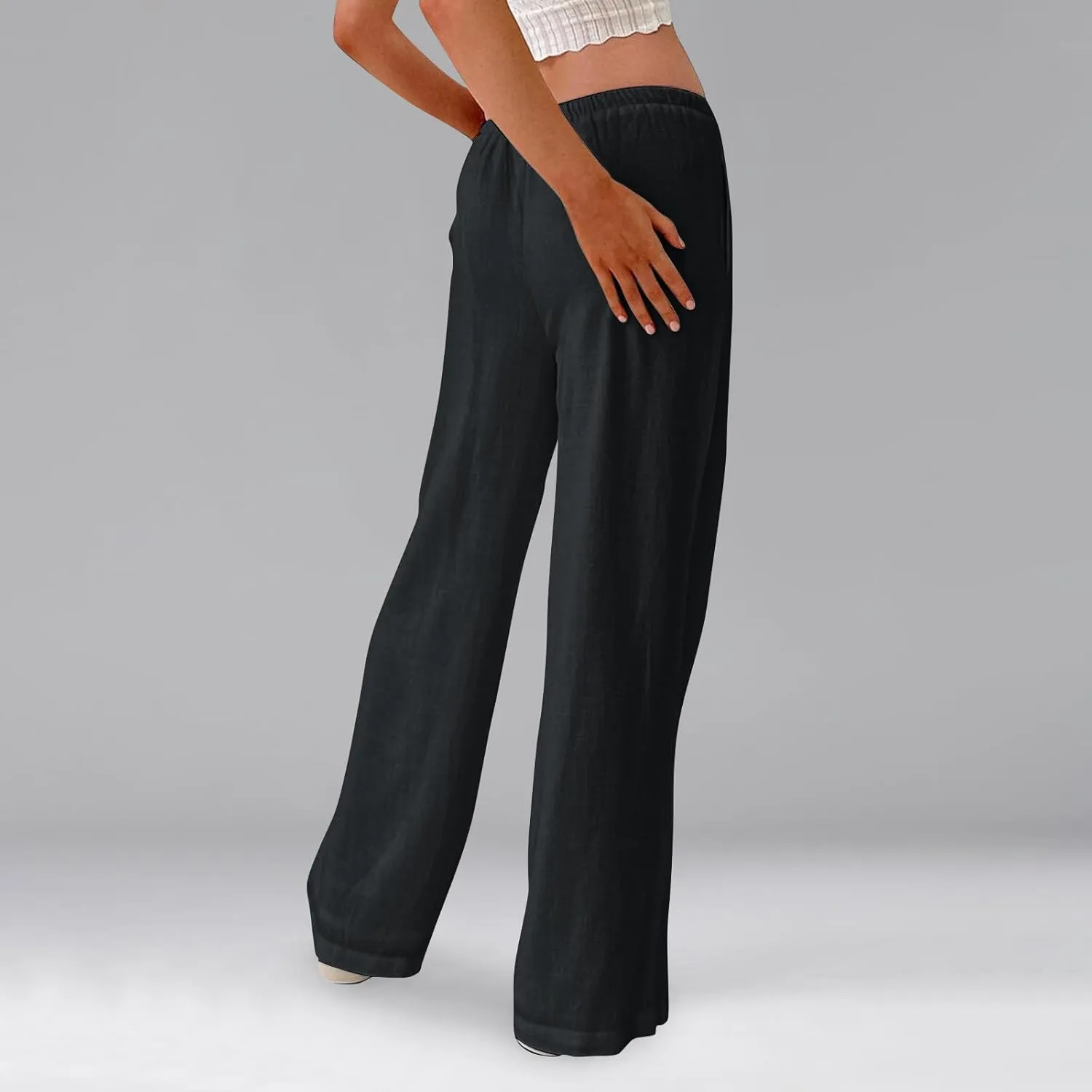 Womens Linen Pants Summer Drawstring Elastic Low Rise Wide Leg Pants Loose Flowy Vacation Trousers with Pockets