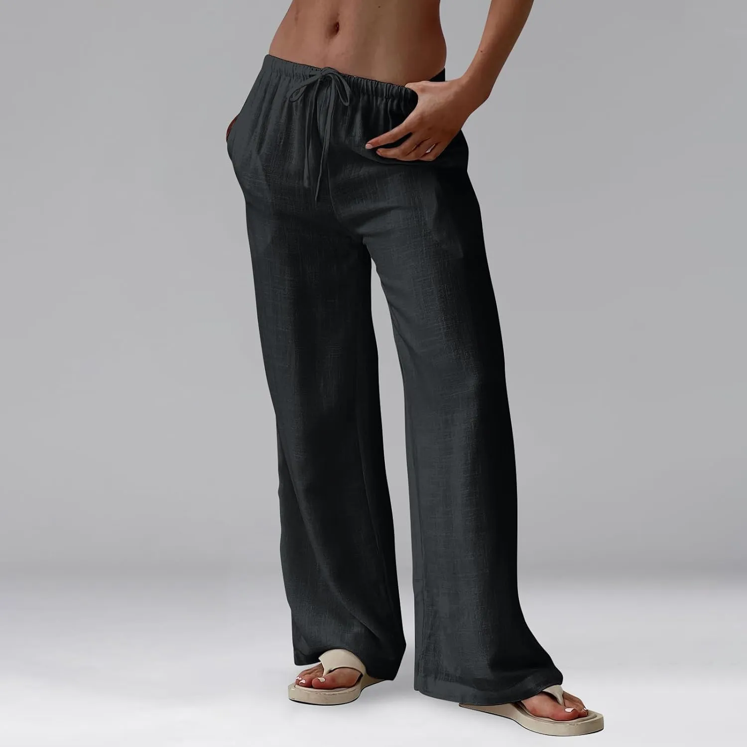 Womens Linen Pants Summer Drawstring Elastic Low Rise Wide Leg Pants Loose Flowy Vacation Trousers with Pockets