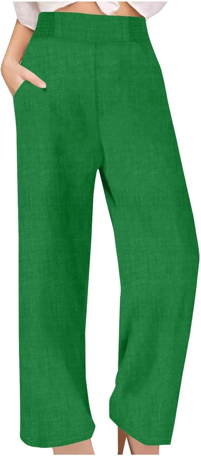 Womens Linen Pants Wide Leg Casual Baggy Trousers Pocketed Summer Palazzo Pants 2025 Beach Travel Vacation Outfits