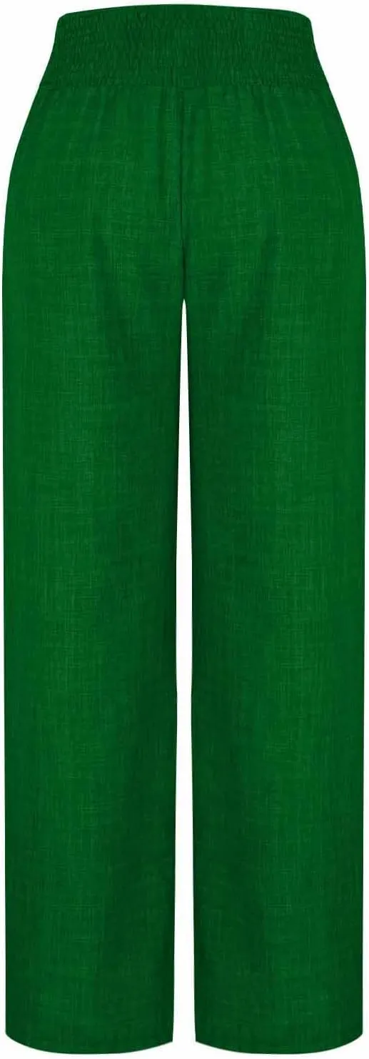 Womens Linen Pants Wide Leg Casual Baggy Trousers Pocketed Summer Palazzo Pants 2025 Beach Travel Vacation Outfits